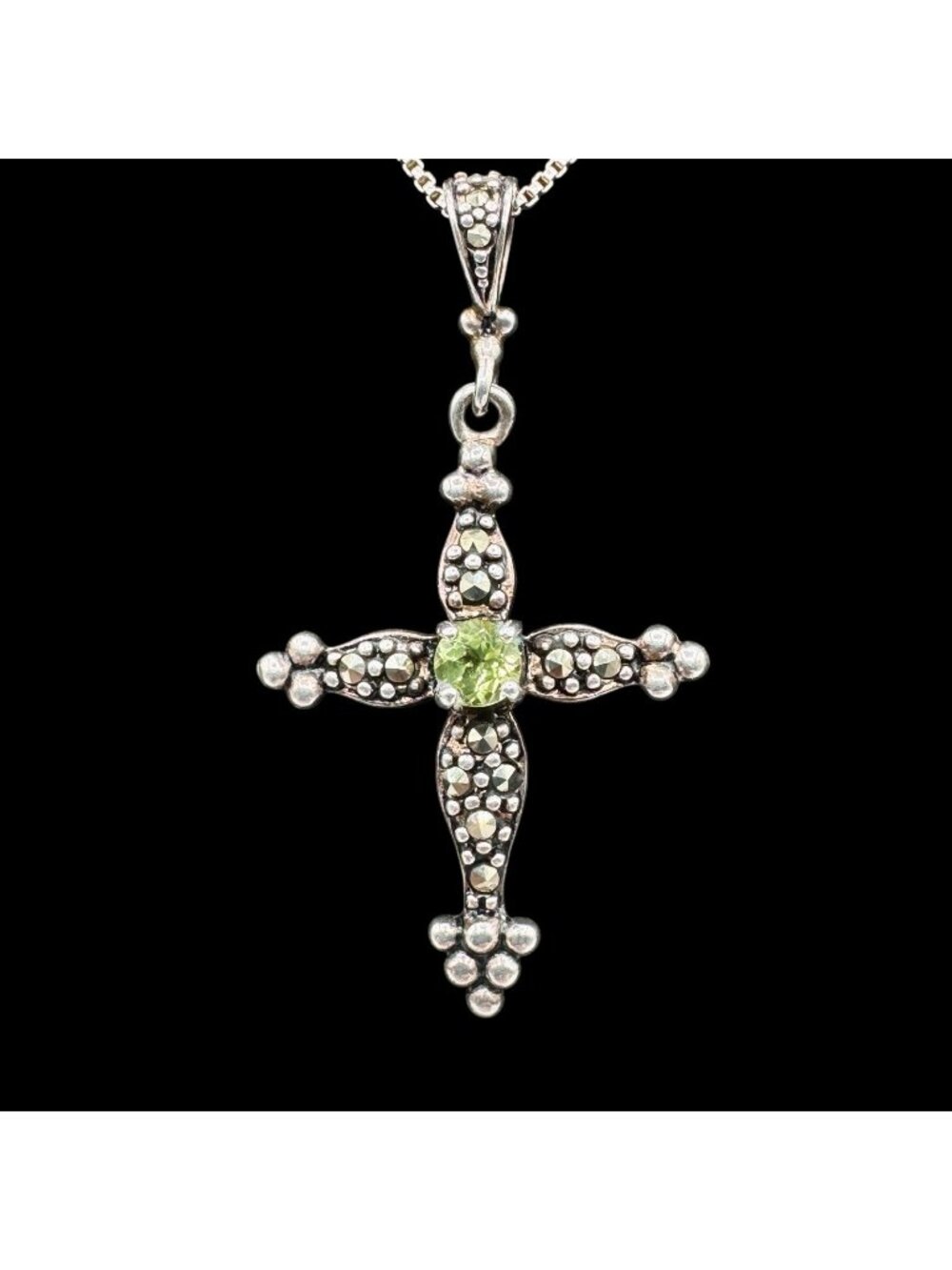 Peridot Sterling Silver Cross Pendant w/ Marcasites + Box Chain 18" August B-day